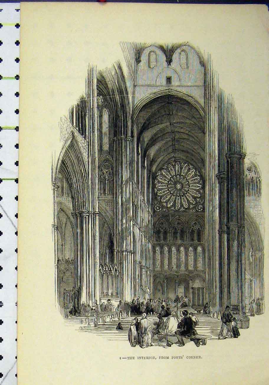 Original Old Antique Print Interior Cathedral Poets Corner People
