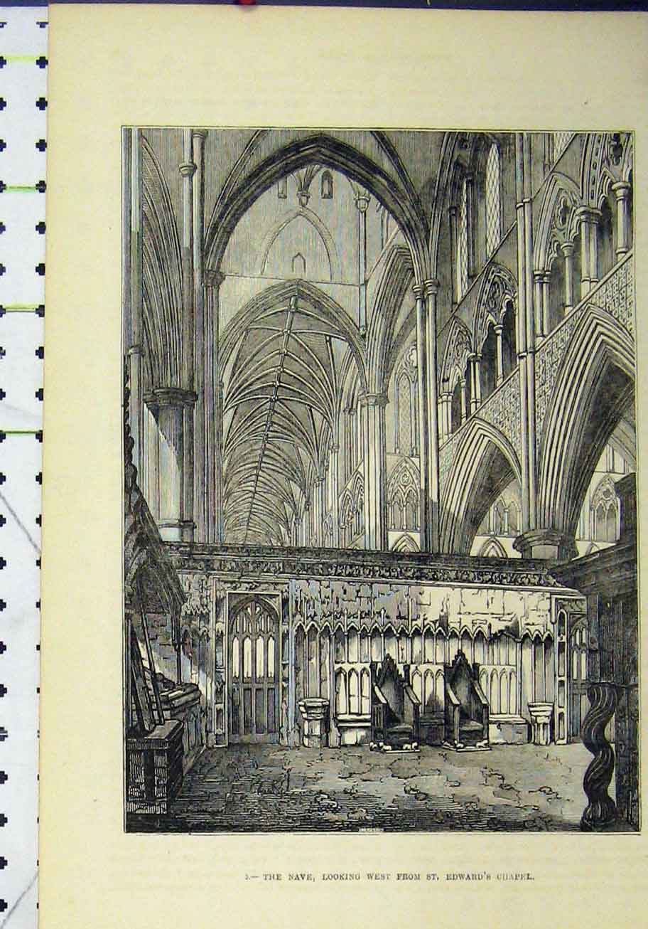 Original Old Antique Print View Nave West St Edward Chapel Church