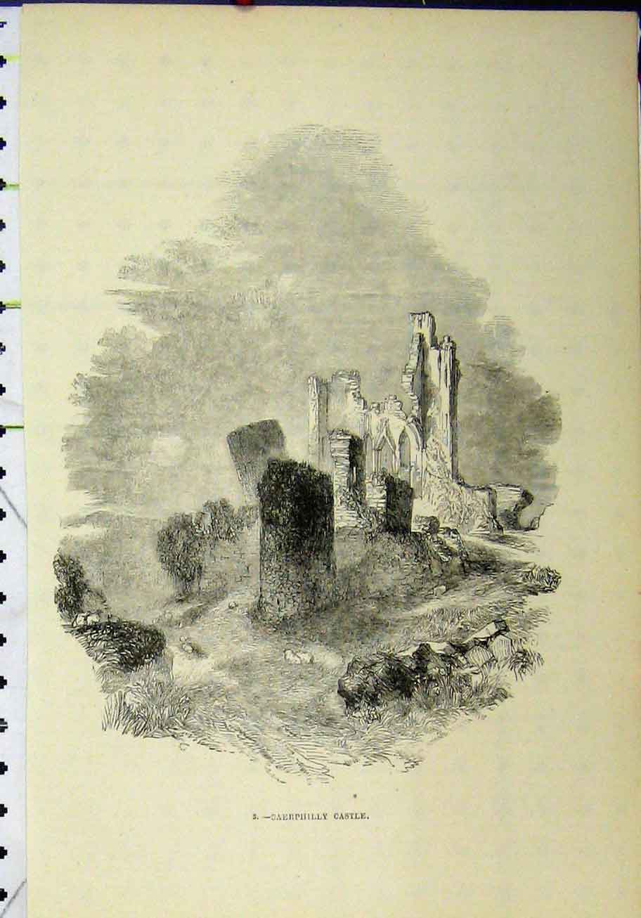 Original Old Antique Print View Caerphilly Castle Irleland Ruins Country Scene
