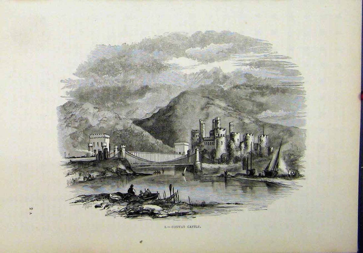 Original Old Antique Print View Conway Castle River Bridge Boat Mountain