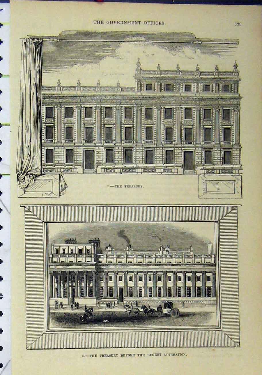 Original Old Antique Print View Government Offices Treasury Building