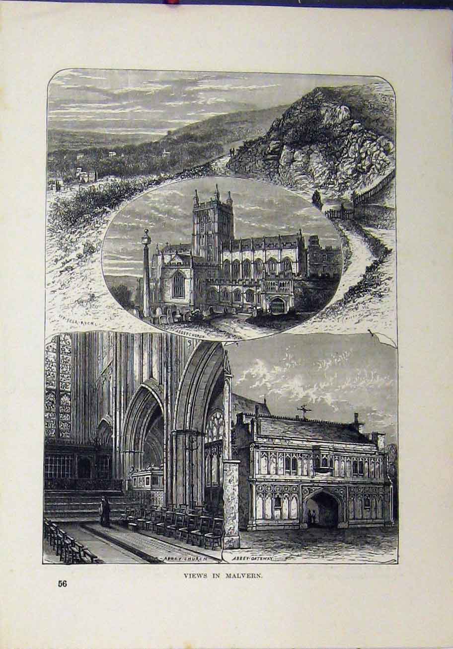 Old Antique Print 1898 Views Malvern Abbey Gateway Church Ivy-Scar Rock 19th