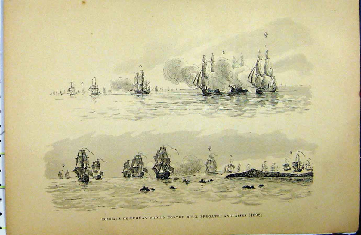Original Old Antique Print C1889 French War Ships Battle Frigates Littoral 19th