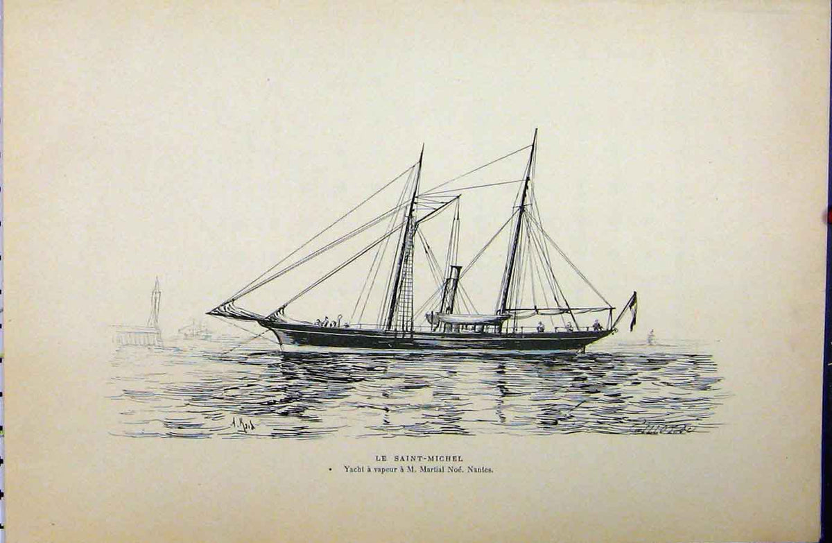 Original Old Antique Print Le Saint-Michel C1889 French Sailing Ship Littoral