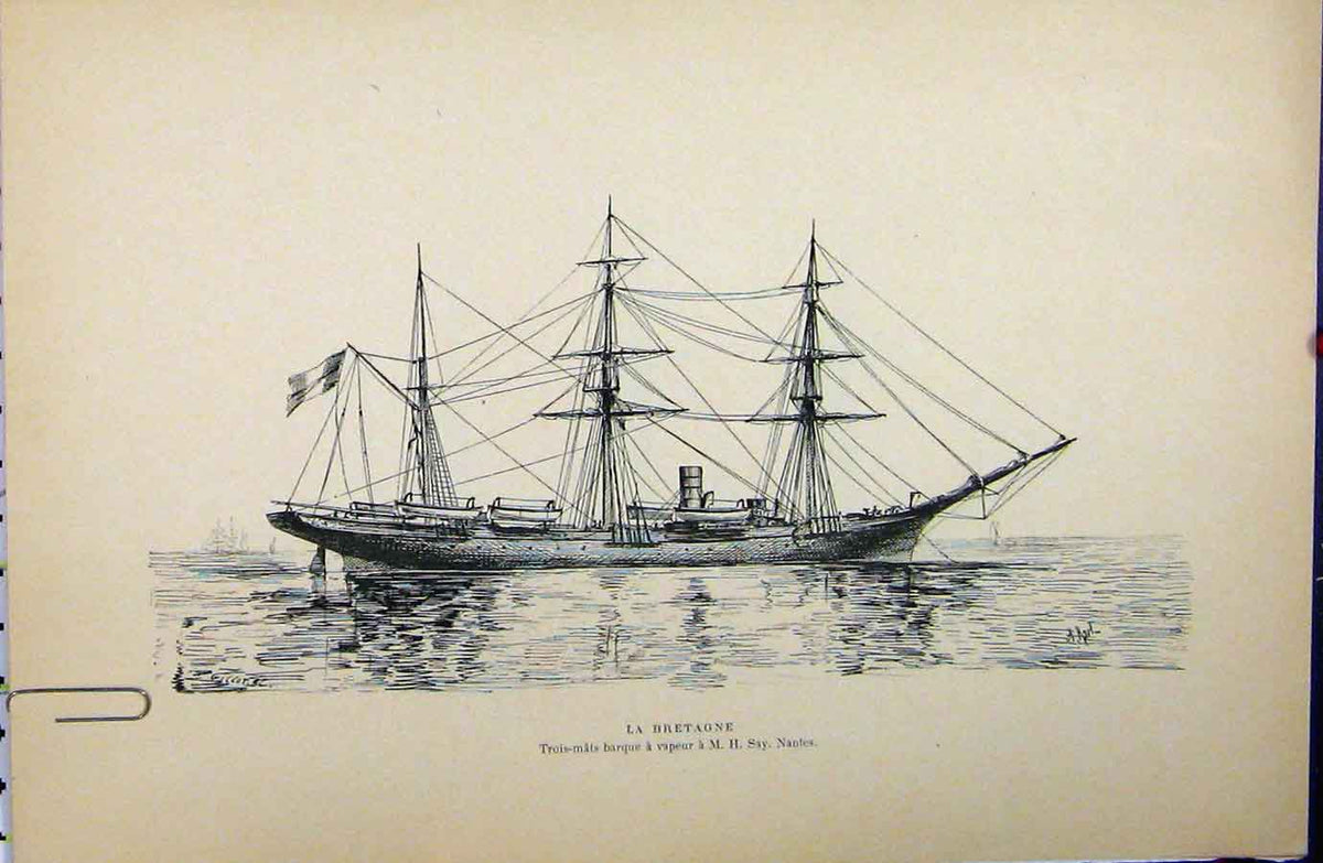 Old Antique Print French Sailing Ship La Bretagne C1889 Littoral Maritime 19th