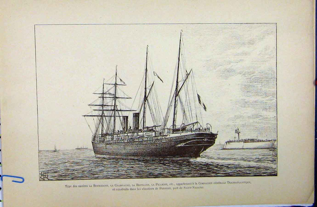 Antique Old Print *3395 C1889 French Sailing Ship Littoral Maritime History