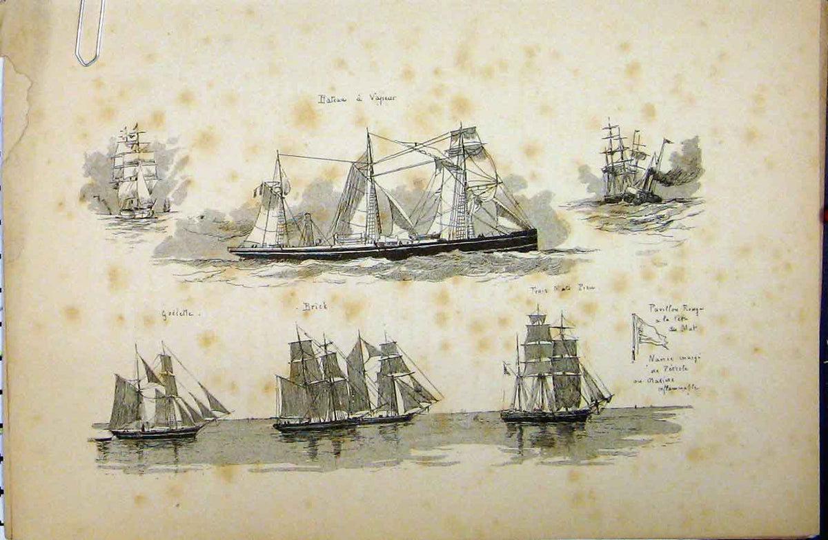 Antique Old Print *298 C1889 French Sailing Ship Littoral Maritime History