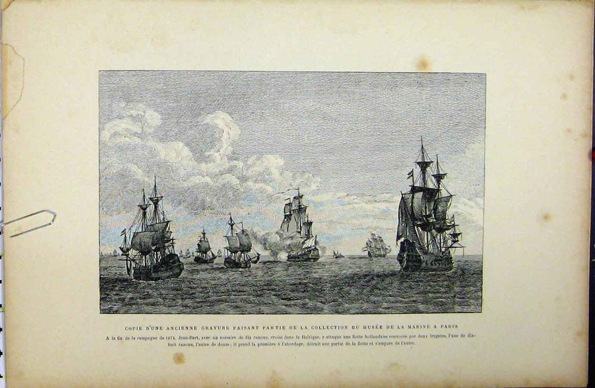 Original Old Antique Print C1889 French Sailing War Ships Littoral Maritime