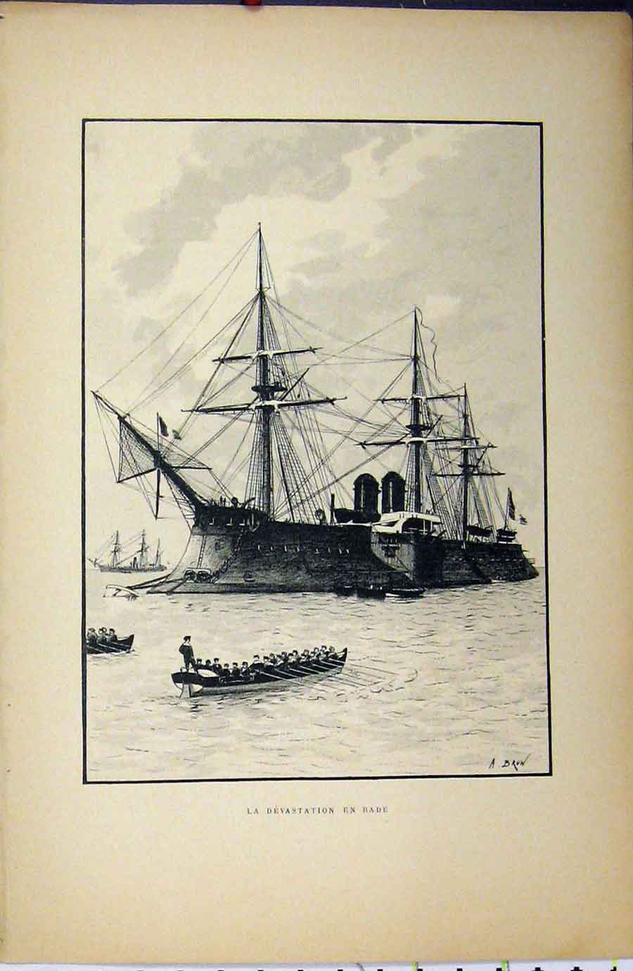 Original Old Antique Print C1889 French Sailing War Ship Littoral Maritime 19th