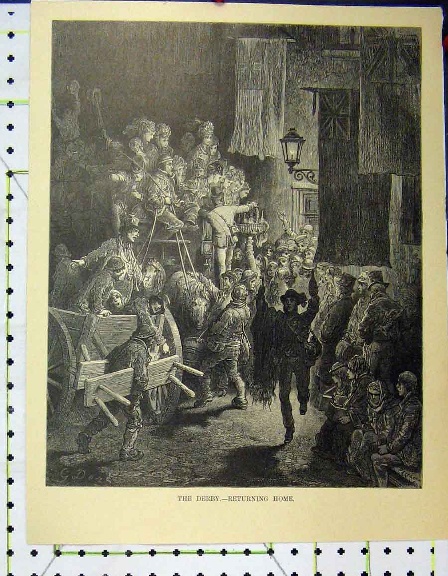 Original Old Antique Print C1870 Derby Horse Race Return Home Gustave Dore 19th