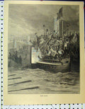 Original Old Antique Print C1870 Boat Race Gustave Dore River Men Cheering 19th