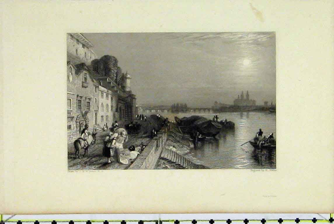 Original Old Antique Print River View Steps Boats Bridge Houses People