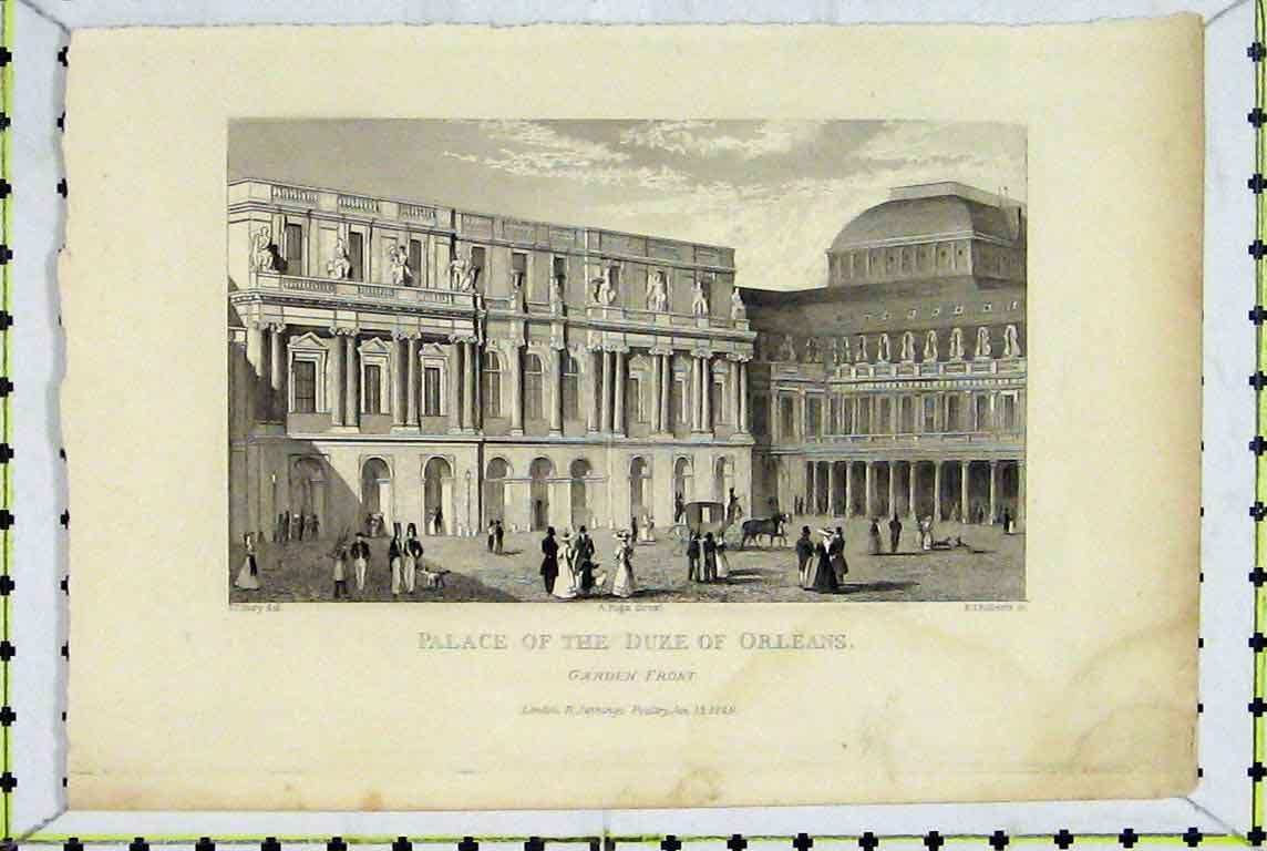 Original Old Antique Print 1829 View Palace Duke Orleans Garden Front Roberts