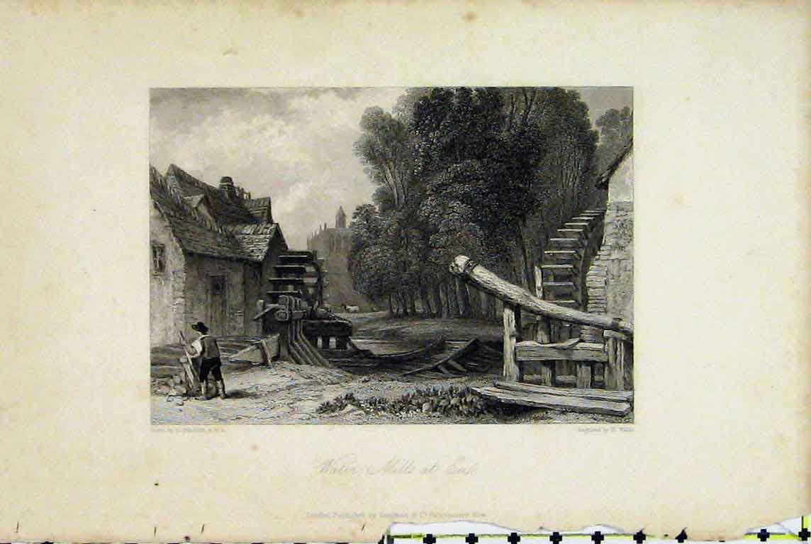 Original Old Antique Print View Water Mills Eu France Country Scene Wallis