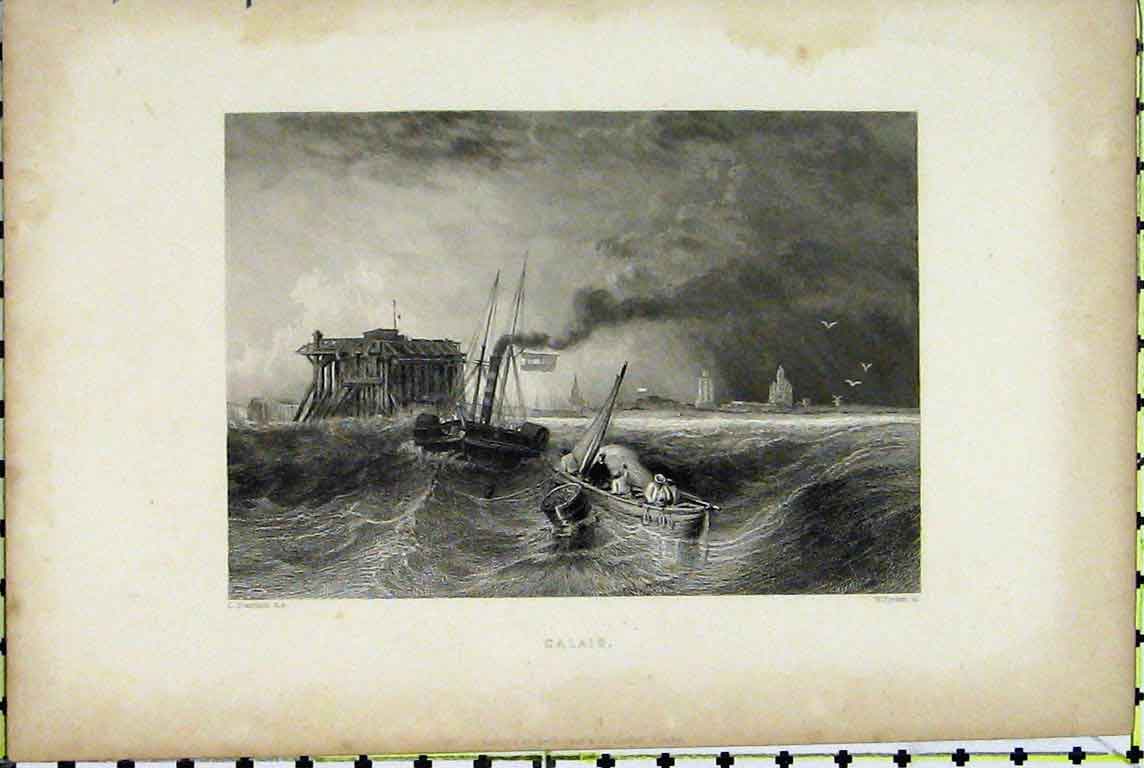 Original Old Antique Print View Calais France Fishing Boat Stormy Sea Finden