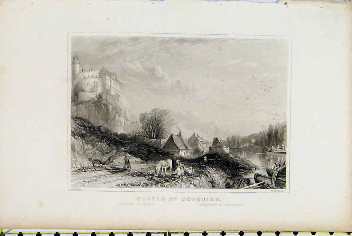 Original Old Antique Print View Castle Choquier River Country Scene Winkles