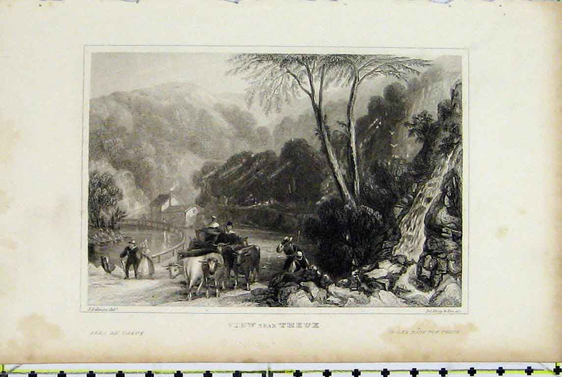 Original Old Antique Print View Near Theux Cows Country Scene Mountains