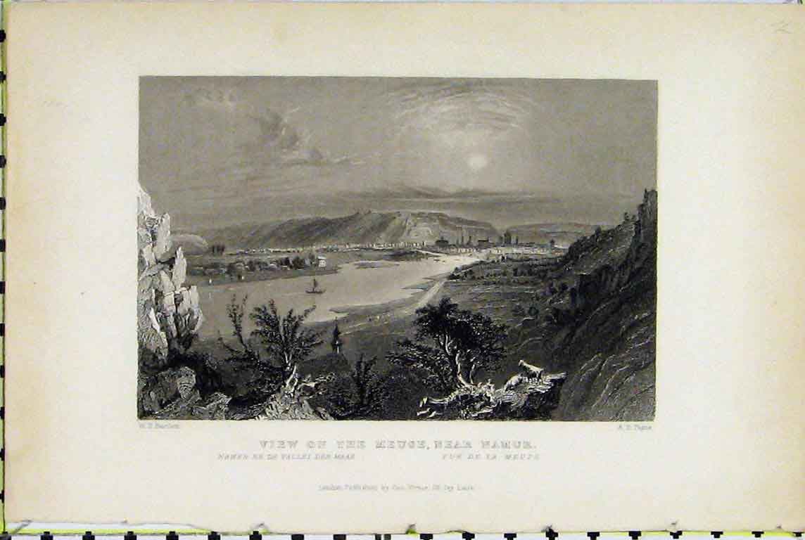 Original Old Antique Print View Meuse River Near Namur Mountains Sun Payne