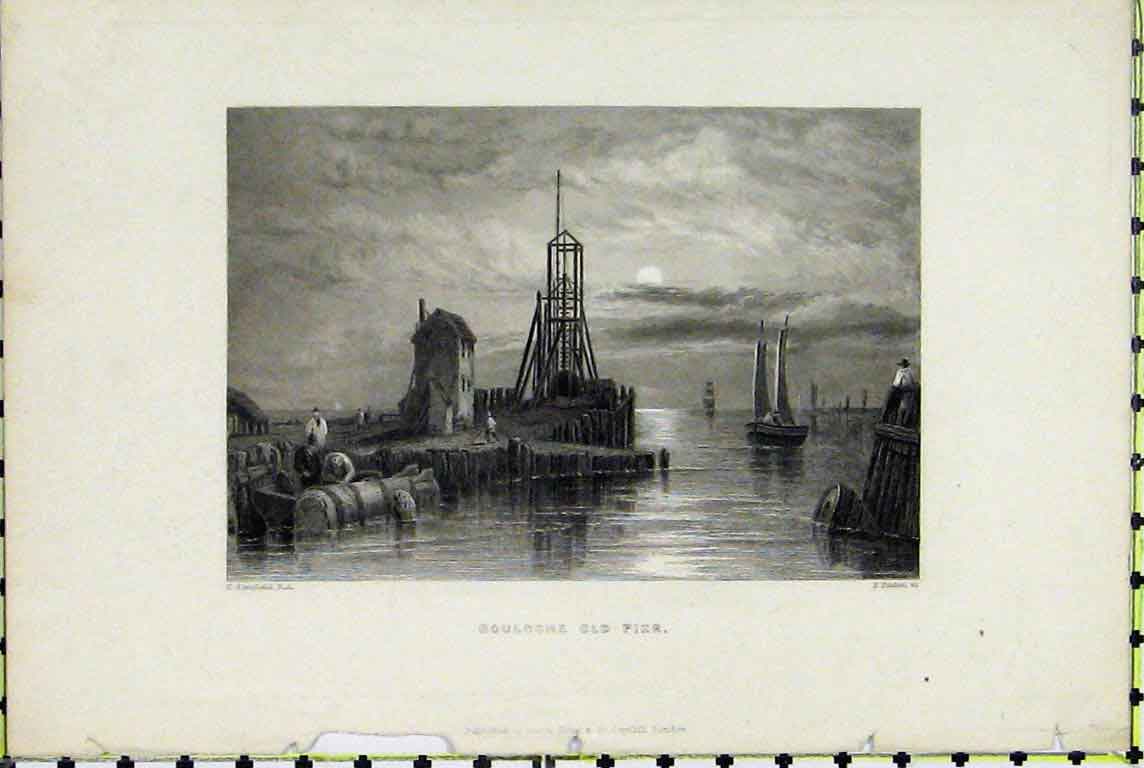 Original Old Antique Print Boulogne Pier France Sailing Boat Finden Stanfield