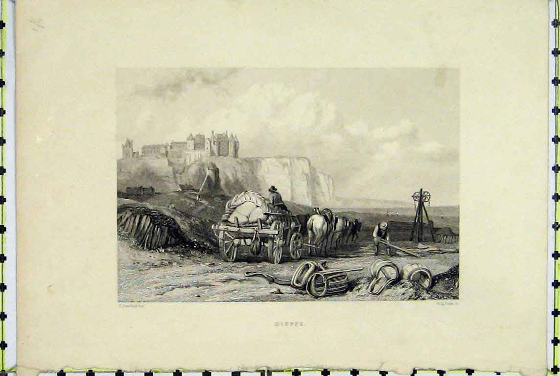 Original Old Antique Print View Dieppe Castle Cliff Horse Cart Cooke