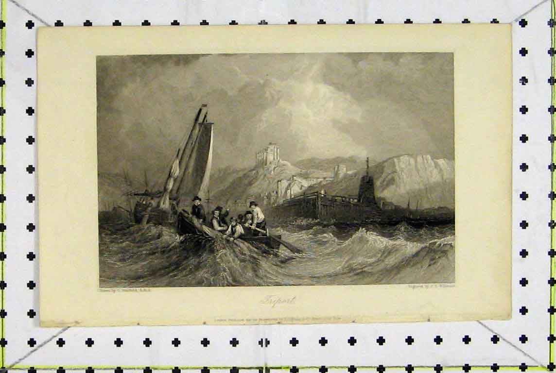 Original Old Antique Print View Triport France Stormy Sea Willmore