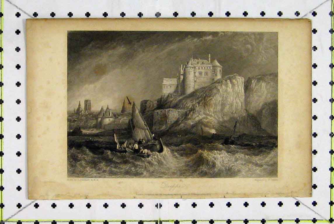 Original Old Antique Print View Dieppe France Castle Stormy Sea Sailing Boat