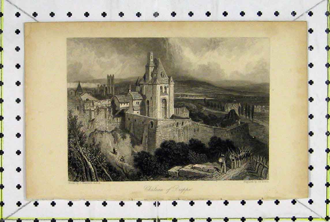 Original Old Antique Print View Chateau Dieppe France Country Scene Lewis
