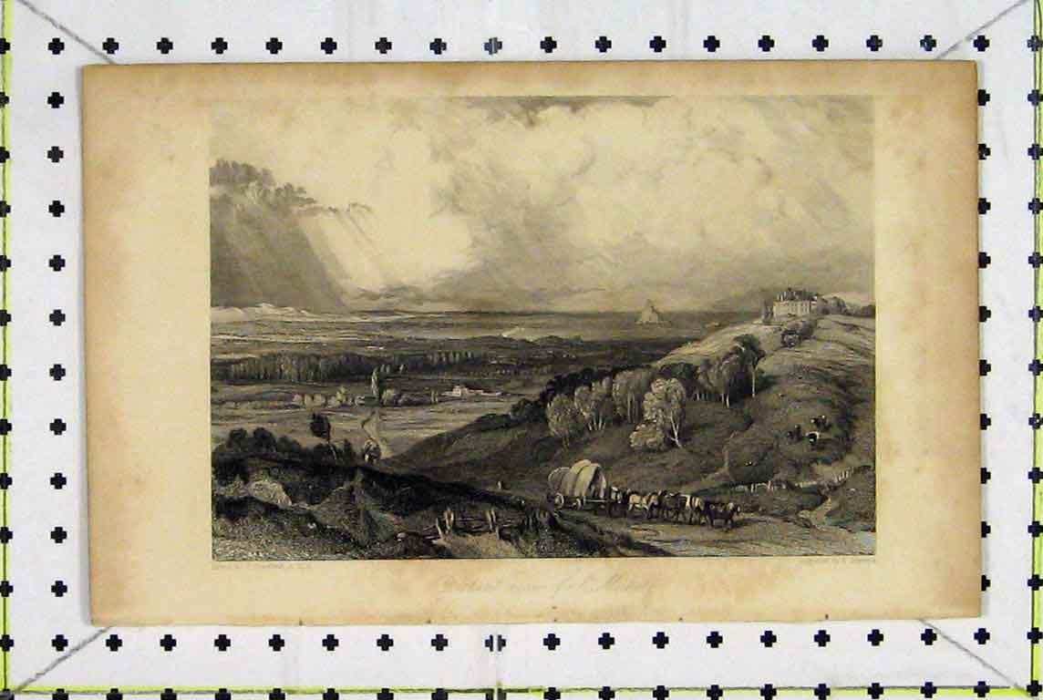 Original Old Antique Print Distant View St. Michel France Country Scene