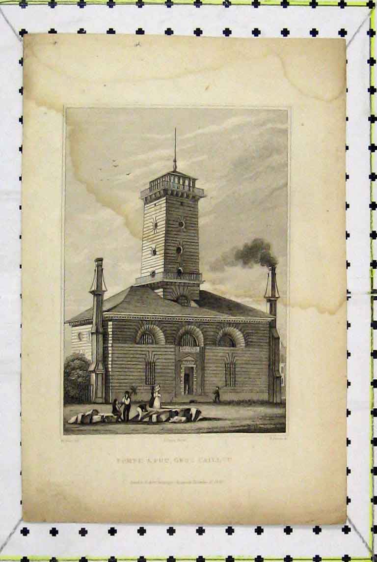 Original Old Antique Print 1829 View Pompe Feu Gros Caillou Fenner 19th Century
