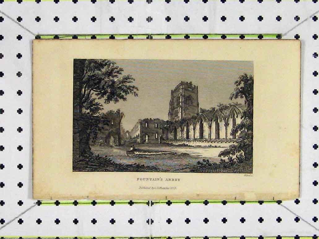 Original Old Antique Print 1825 Fountain'S Abbey Ruins Church Read 19th Century