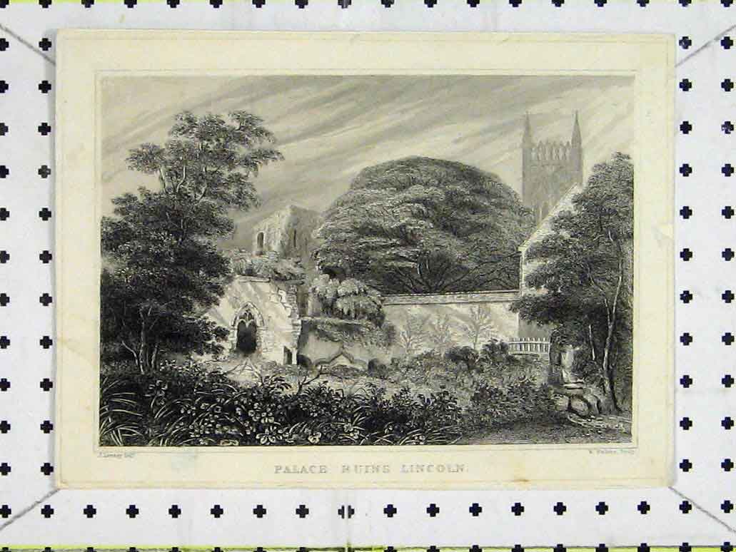 Original Old Antique Print Country Scene View Palace Ruins Lincoln Tower Trees