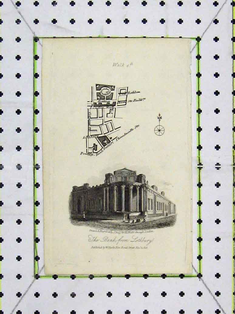Original Old Antique Print 1816 Bank Lothbury Map London Threadneedle Street