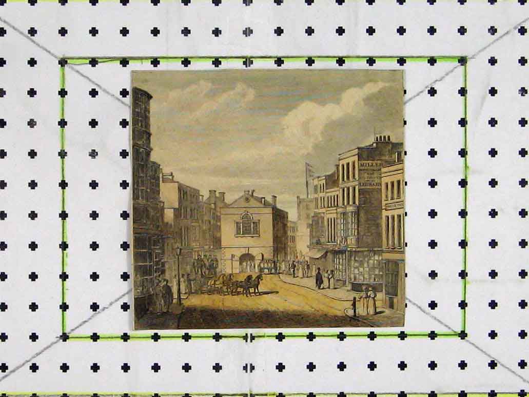 Original Old Antique Print Colour Street Scene Miller Library Horse Coach