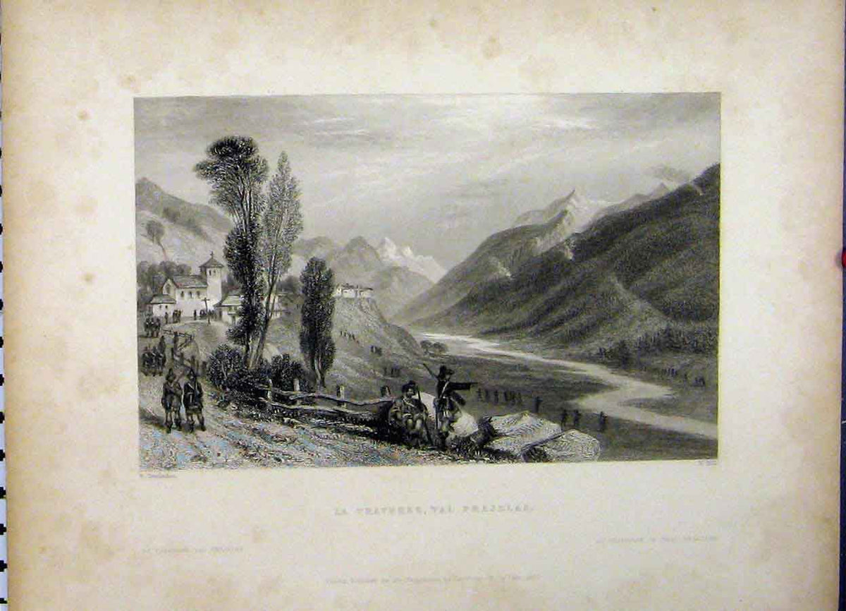 Old Antique Print 1837 View La Traverse Val Prajelas Mountain Scene Hill 19th