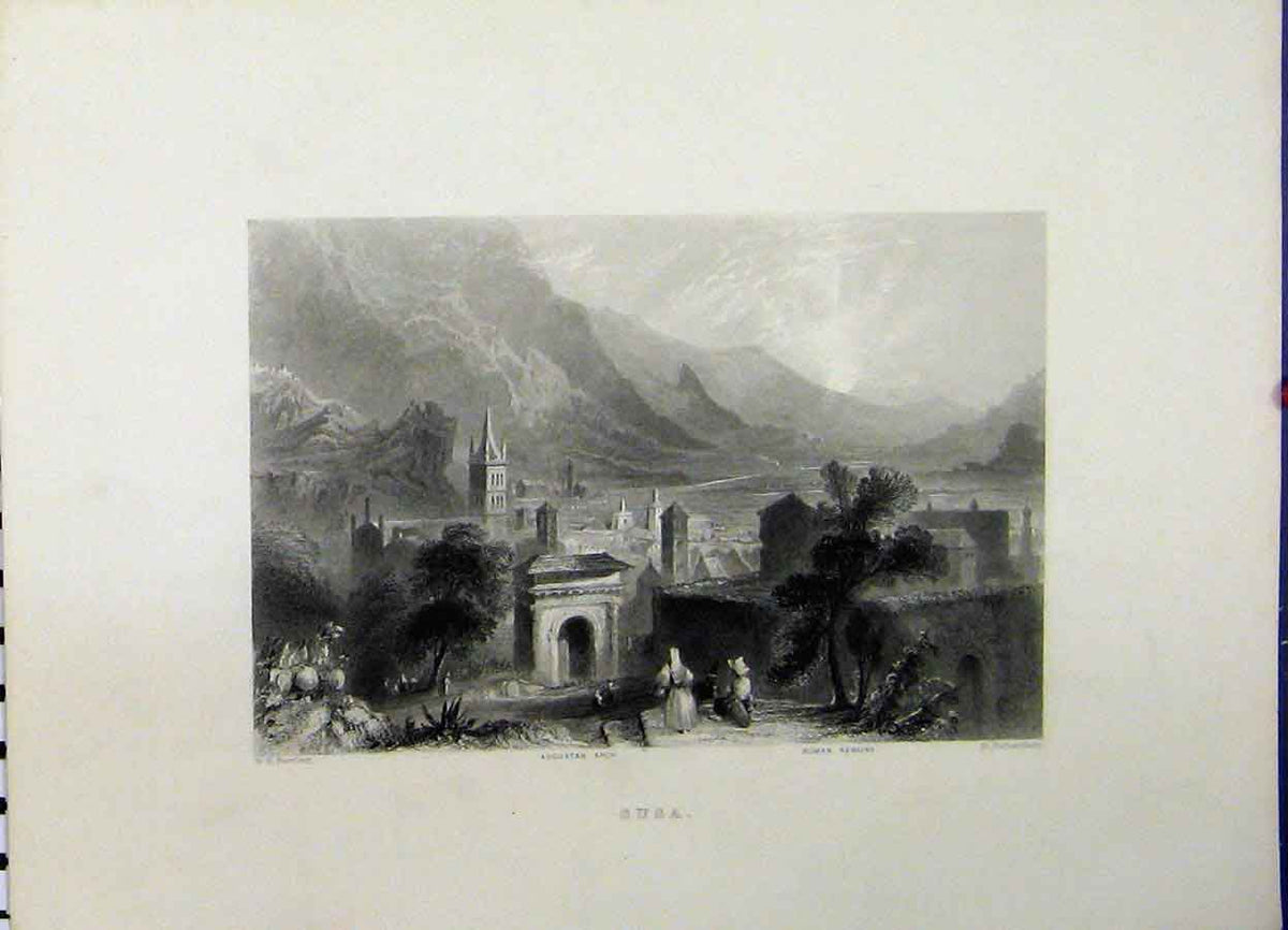 Original Old Antique Print Mountain View C1835 Susa Augustan Arch Roman Remains