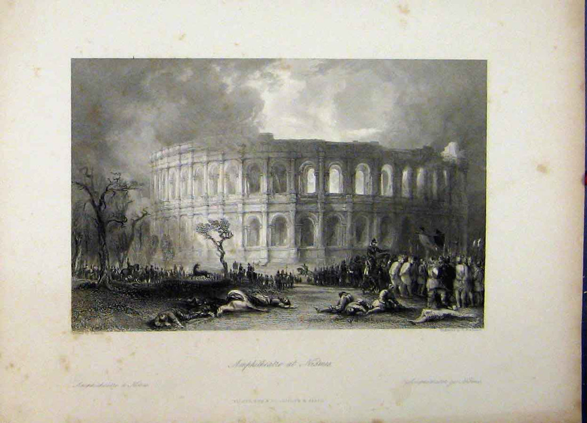 Original Old Antique Print C1835 View Amphitheatre Nismes France Bradshaw 19th