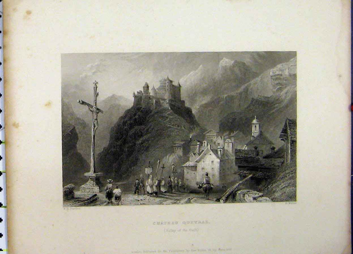 Old Antique Print 1837 Mountain Scene View Chateau Queyraz Valley Guill 19th