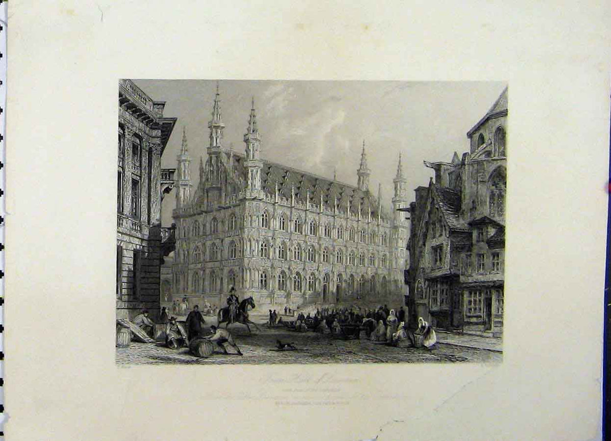 Original Old Antique Print C1835 View Town Hall Lourain Cathedral Radclyffe