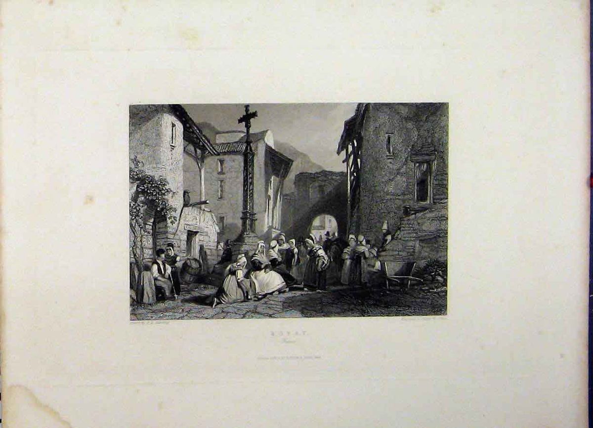 Original Old Antique Print 1845 Street Scene Royat France Engraving Allen 19th