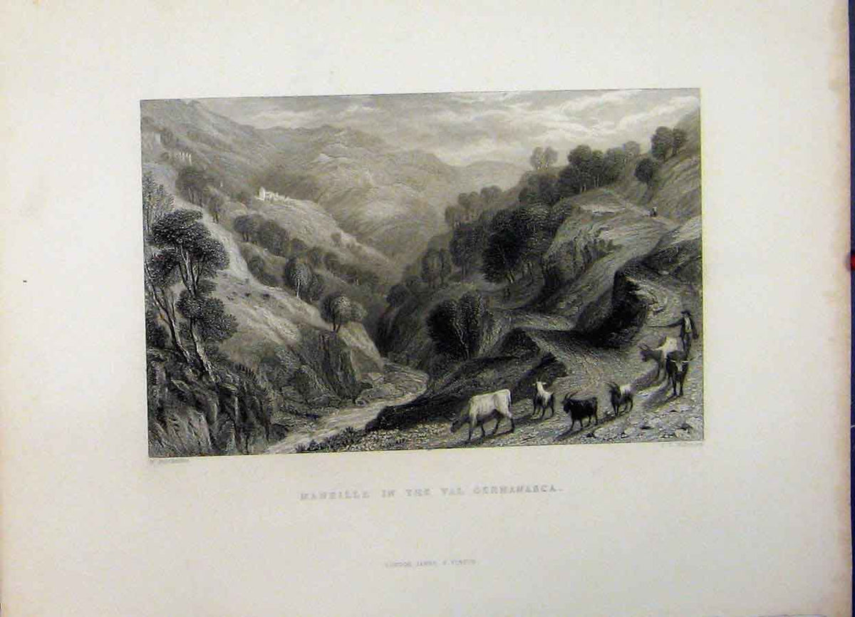 Original Old Antique Print Mountain Scene C1835 Maneille Val Germanasca Animals