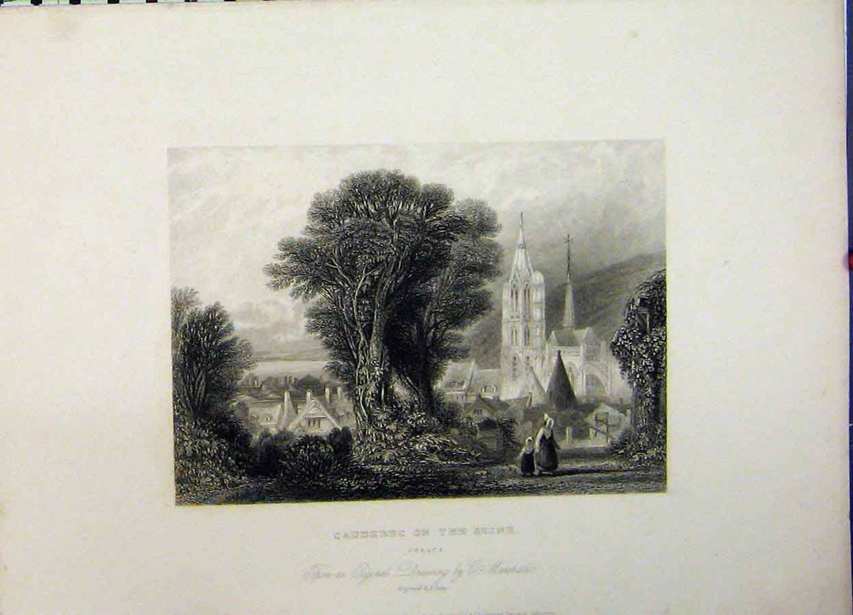 Old Antique Print C1835 Caudebec River Seine France Church Country Lacey 19th