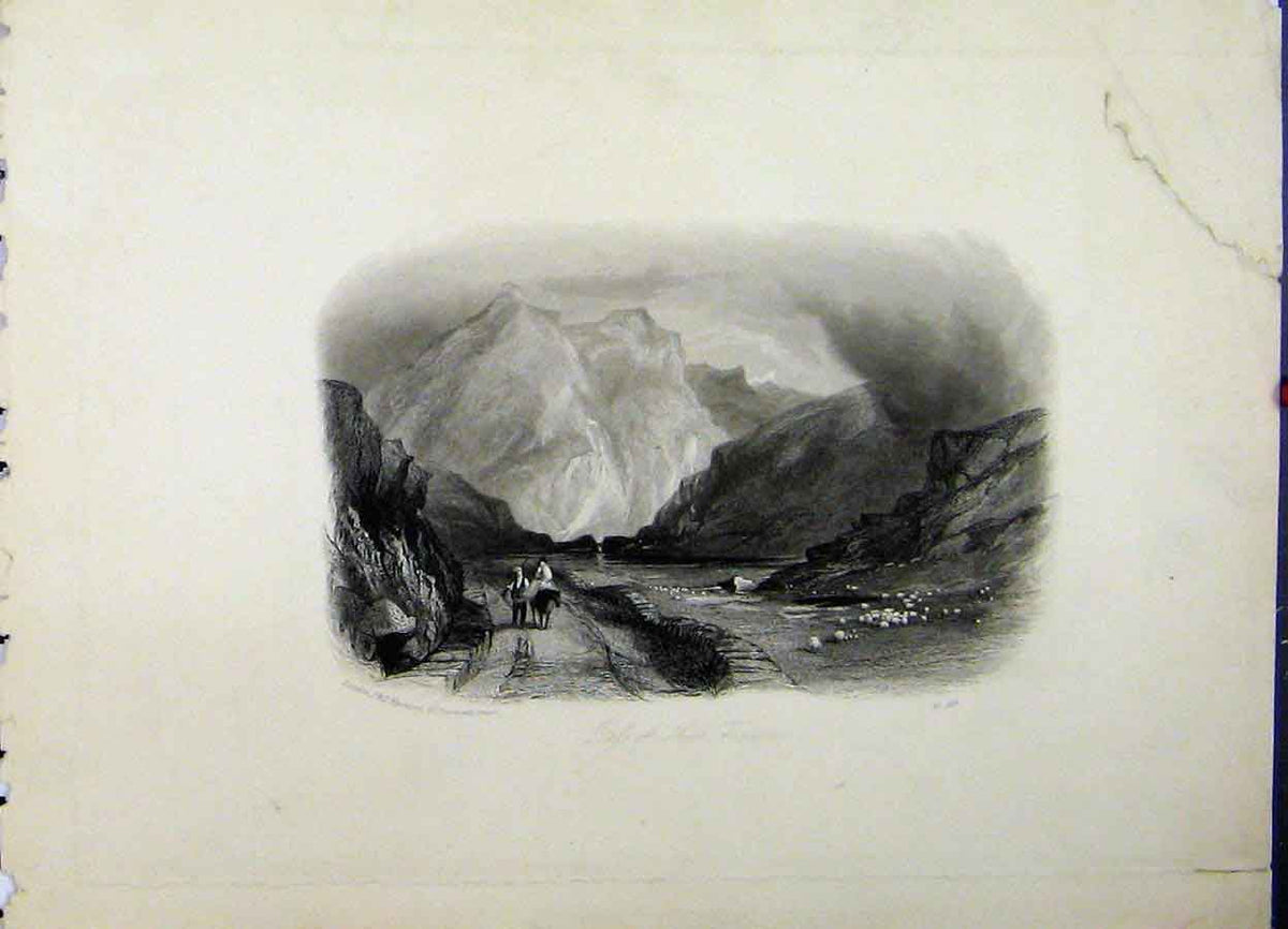 Original Old Antique Print Mountain Scene Pass Nant Francon Sheep C1835 19th