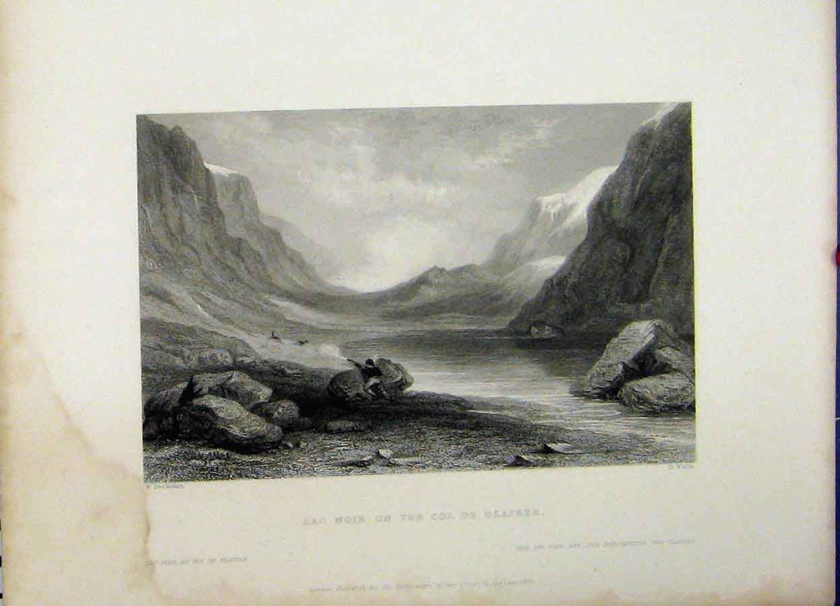 Old Antique Print Mountain View Lac Noir Col De Clairee 1837 Man Hunting 19th