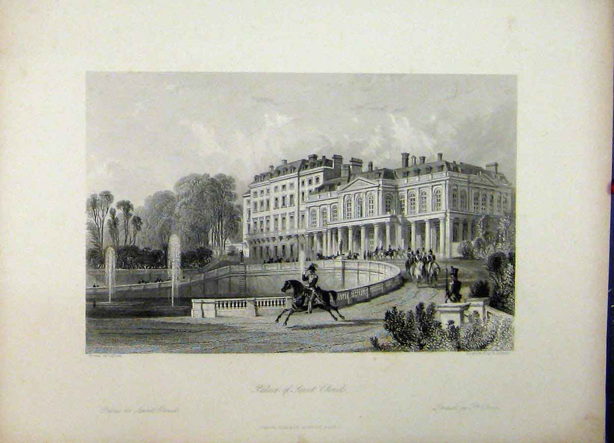 Original Old Antique Print C1835 View Palace Saint Cloud Building Adlard 19th