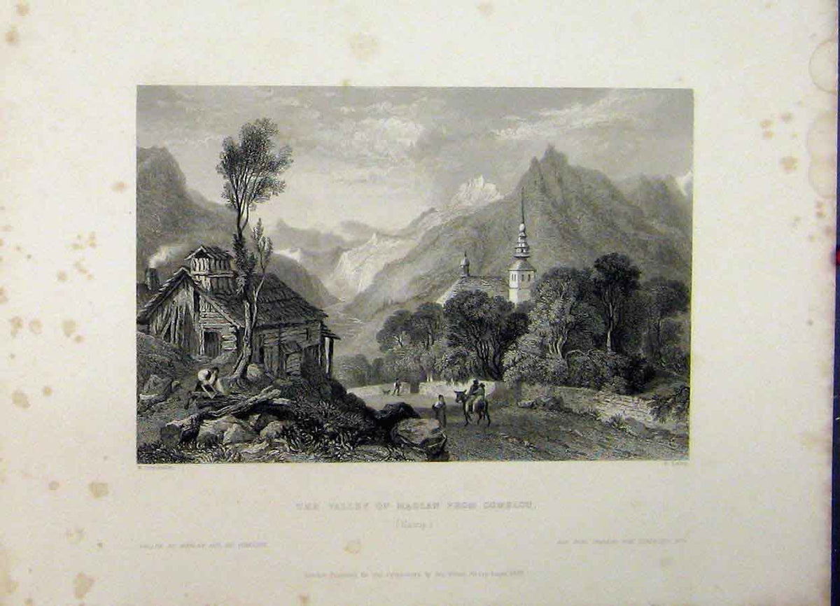 Original Old Antique Print Mountain View 1837 Valley Meglan Comblou Tower Lacey