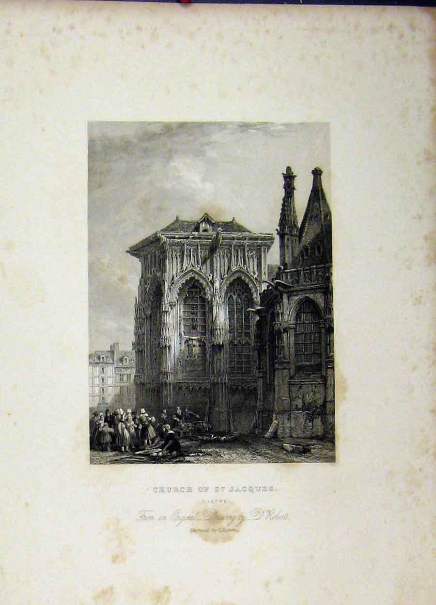 Old Antique Print View Church St. Jacques Dieppe France Engraved Higham