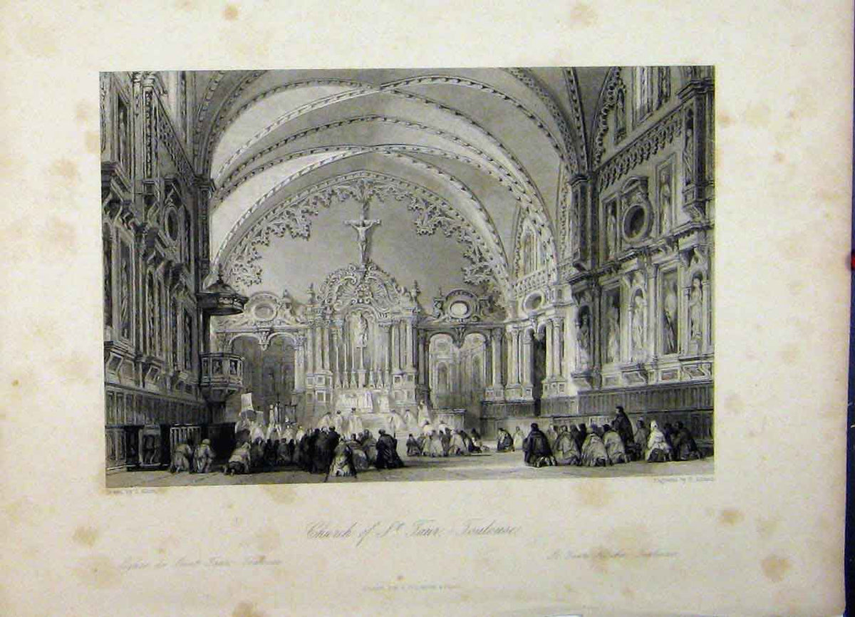 Old Antique Print Church St Taur Toulouse France Engraving Adlard C1835 19th