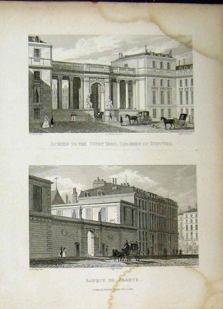Original Old Antique Print 1829 Bank France Court Yard Chamber Deputies Byrne
