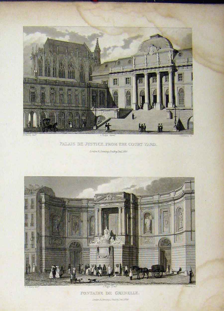 Original Old Antique Print 1828 Law Justice Court Yard Fountain Grenelle Romney