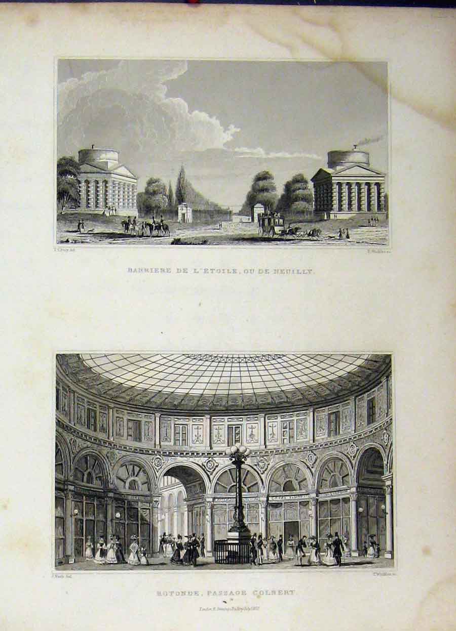 Old Antique Print 1829 Rotonde Passage Colbert Barriere L'Etoile Winkles 19th